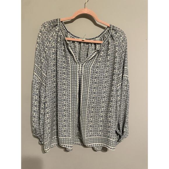 Max Studio Peasant Blouse Navy Border Print $118 Plus Size 1X Flowy Long Sleeves - Picture 2 of 7